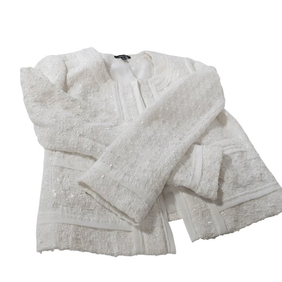 Rafaella Cropped White Tweed Blazer SZ 8 Open Front Wedding Formal - Picture 4 of 10